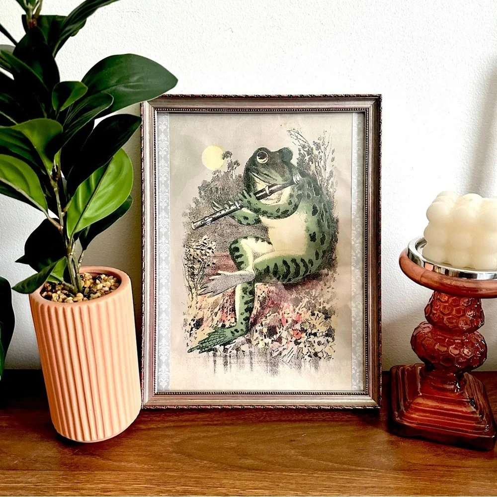 Frog Playing Flute in the Moonlight Vintage Style Canvas Print Silver Frame Art